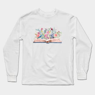 Watercolor Open Book with Florals Long Sleeve T-Shirt